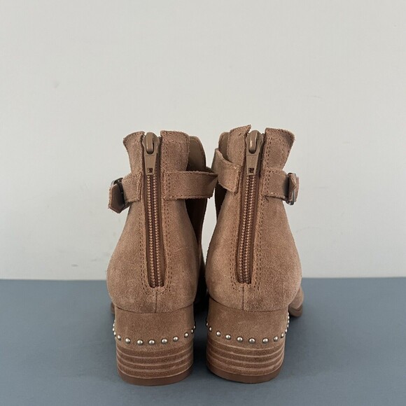 Chelsea & Violet Hendricks Suede Tan Peep Toe Cut Out Heel Shooties - Picture 6 of 8